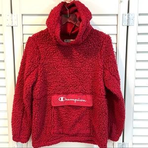 Champion Sherpa Hoodie Cranberry Red Front Pocket